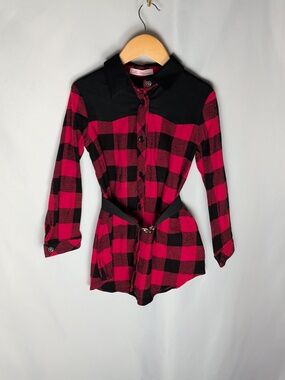 Miss Blumarine Girls Red Buffalo Plaid Amour Tunic Shirt Top Size 6 EU